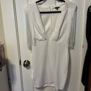 White Fringe Plunge Dress